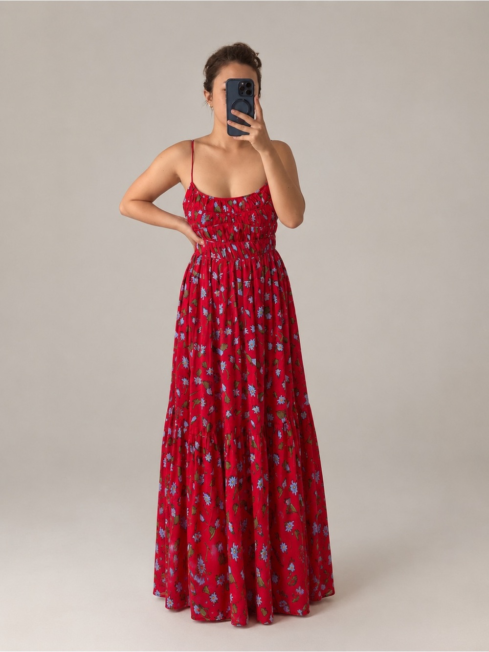 J. Crew | Red Floral Maxi Dress with Smocked Bodice